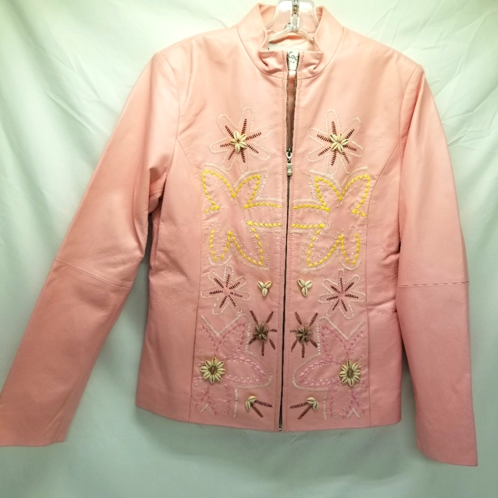 Pamela McCoy Collections Womans Size S Leather Jacket Shells Beads Embelished